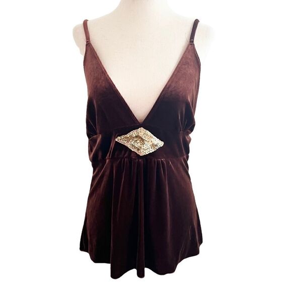 Vintage Tobacco Brown Velour Velvet Camisole Tank Top Gold Sequins Large - Picture 1 of 8